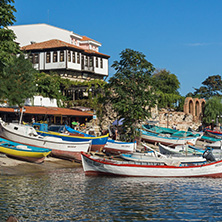 NESSEBAR, BULGARIA - AUGUST 12, 2018: Panorama of Port and old town of Nessebar, Burgas Region, Bulgaria