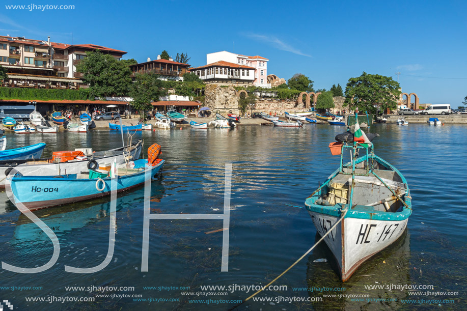 NESSEBAR, BULGARIA - AUGUST 12, 2018: Panorama of Port and old town of Nessebar, Burgas Region, Bulgaria