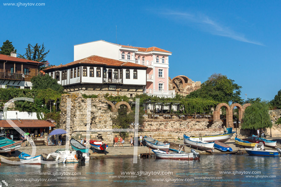 NESSEBAR, BULGARIA - AUGUST 12, 2018: Panorama of Port and old town of Nessebar, Burgas Region, Bulgaria