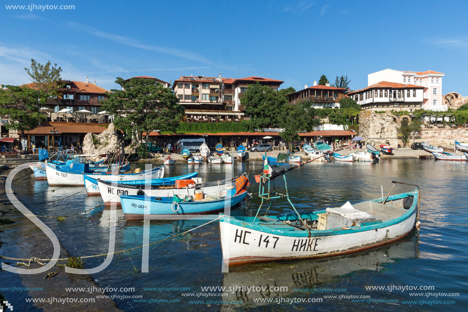 NESSEBAR, BULGARIA - AUGUST 12, 2018: Panorama of Port and old town of Nessebar, Burgas Region, Bulgaria