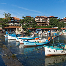 NESSEBAR, BULGARIA - AUGUST 12, 2018: Panorama of Port and old town of Nessebar, Burgas Region, Bulgaria