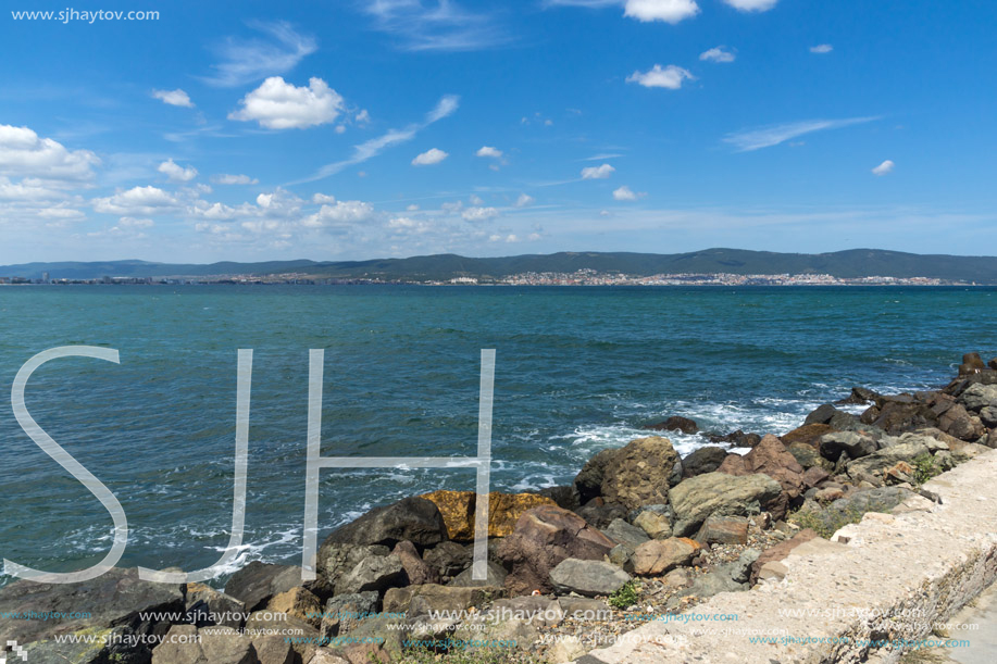 Panorama from coastline of Nessebar to resorts of Sunny Beach, St. Vlas and Elenite, Burgas Region, Bulgaria