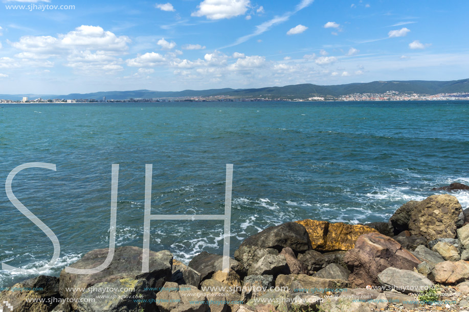 Panorama from coastline of Nessebar to resorts of Sunny Beach, St. Vlas and Elenite, Burgas Region, Bulgaria