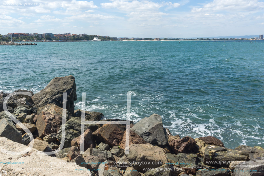 Panorama from coastline of Nessebar to resorts of Sunny Beach, St. Vlas and Elenite, Burgas Region, Bulgaria