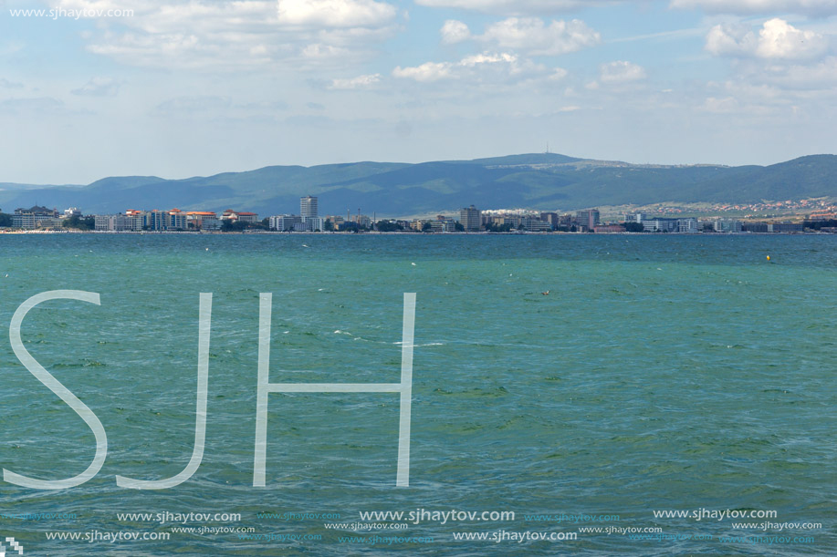 Panorama from coastline of Nessebar to resorts of Sunny Beach, St. Vlas and Elenite, Burgas Region, Bulgaria