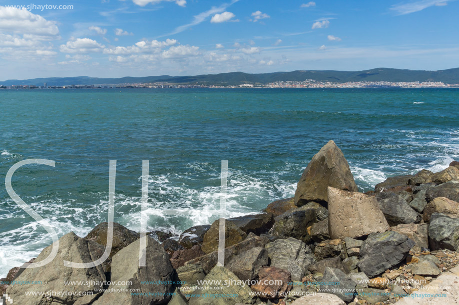 Panorama from coastline of Nessebar to resorts of Sunny Beach, St. Vlas and Elenite, Burgas Region, Bulgaria