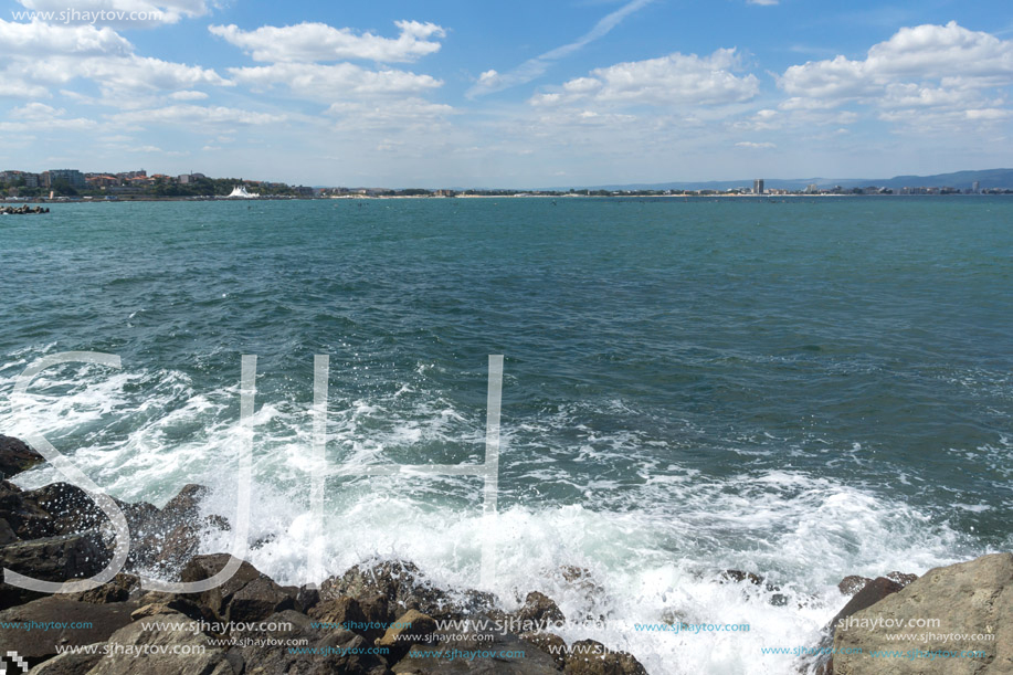 Panorama from coastline of Nessebar to resorts of Sunny Beach, St. Vlas and Elenite, Burgas Region, Bulgaria