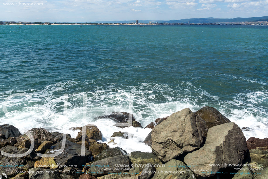 Panorama from coastline of Nessebar to resorts of Sunny Beach, St. Vlas and Elenite, Burgas Region, Bulgaria