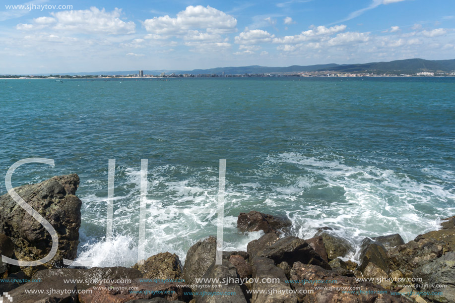 Panorama from coastline of Nessebar to resorts of Sunny Beach, St. Vlas and Elenite, Burgas Region, Bulgaria