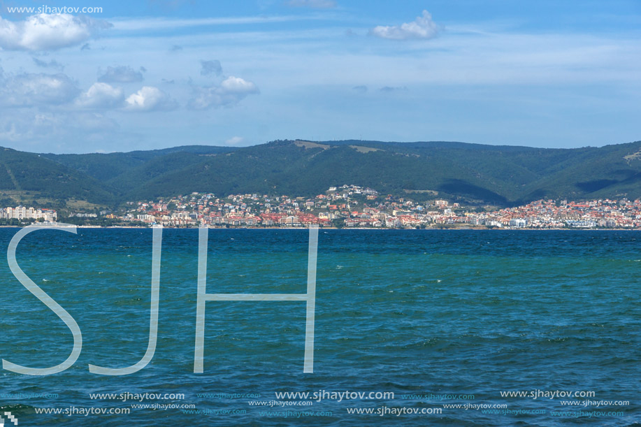 Panorama from coastline of Nessebar to resorts of Sunny Beach, St. Vlas and Elenite, Burgas Region, Bulgaria