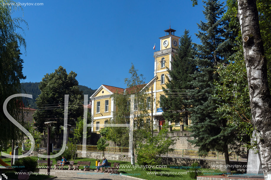 CHEPELARE, BULGARIA - AUGUST 14, 2018: Summer view of Center of the famous Bulgarian ski resort Chepelare, Smolyan Region, Bulgaria