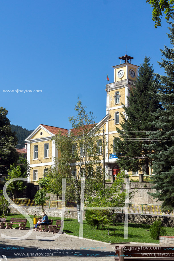 CHEPELARE, BULGARIA - AUGUST 14, 2018: Summer view of Center of the famous Bulgarian ski resort Chepelare, Smolyan Region, Bulgaria