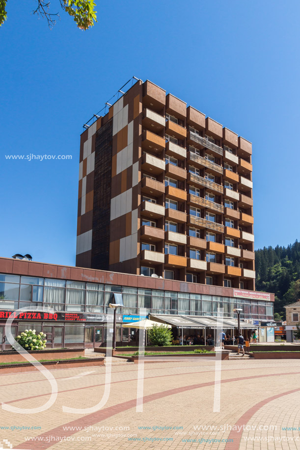 CHEPELARE, BULGARIA - AUGUST 14, 2018: Summer view of Center of the famous Bulgarian ski resort Chepelare, Smolyan Region, Bulgaria