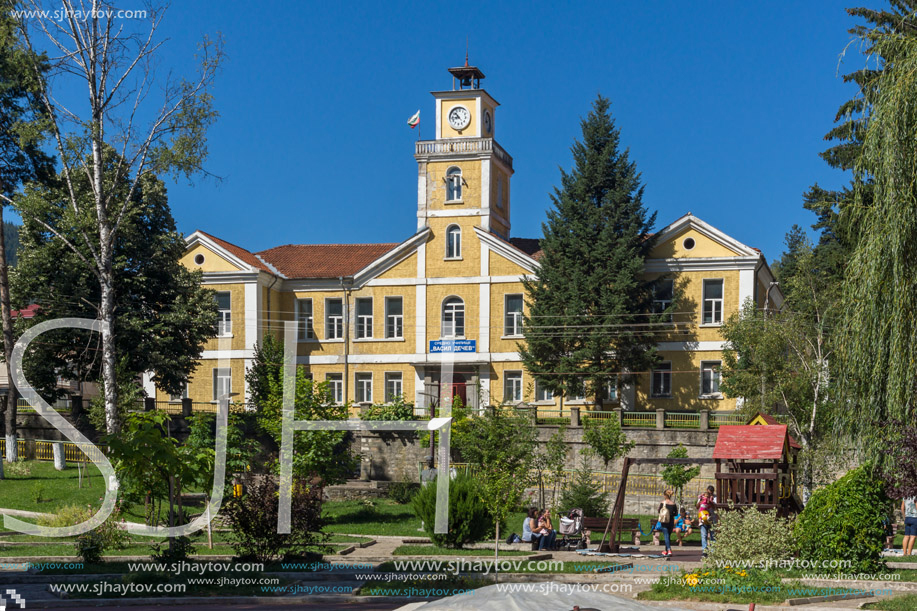 CHEPELARE, BULGARIA - AUGUST 14, 2018: Summer view of Center of the famous Bulgarian ski resort Chepelare, Smolyan Region, Bulgaria