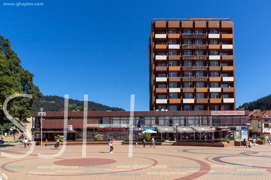 CHEPELARE, BULGARIA - AUGUST 14, 2018: Summer view of Center of the famous Bulgarian ski resort Chepelare, Smolyan Region, Bulgaria