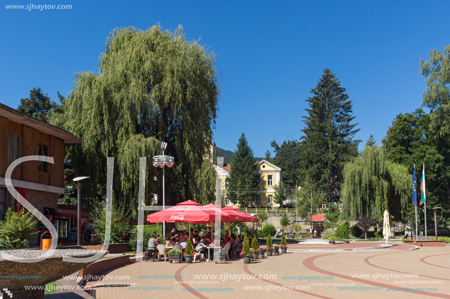 CHEPELARE, BULGARIA - AUGUST 14, 2018: Summer view of Center of the famous Bulgarian ski resort Chepelare, Smolyan Region, Bulgaria