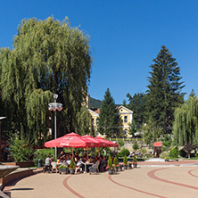 CHEPELARE, BULGARIA - AUGUST 14, 2018: Summer view of Center of the famous Bulgarian ski resort Chepelare, Smolyan Region, Bulgaria