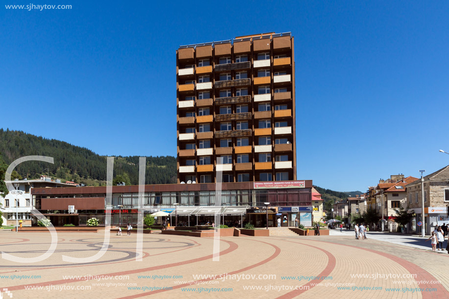 CHEPELARE, BULGARIA - AUGUST 14, 2018: Summer view of Center of the famous Bulgarian ski resort Chepelare, Smolyan Region, Bulgaria