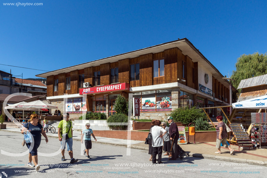 CHEPELARE, BULGARIA - AUGUST 14, 2018: Summer view of Center of the famous Bulgarian ski resort Chepelare, Smolyan Region, Bulgaria