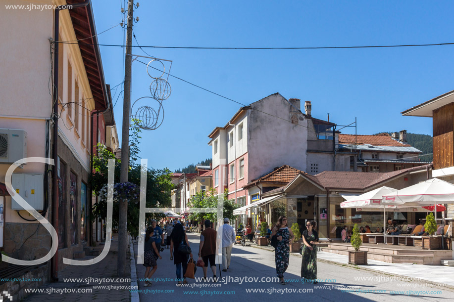 CHEPELARE, BULGARIA - AUGUST 14, 2018: Summer view of Center of the famous Bulgarian ski resort Chepelare, Smolyan Region, Bulgaria