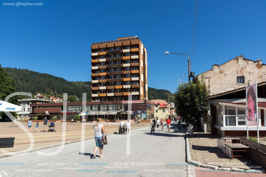 CHEPELARE, BULGARIA - AUGUST 14, 2018: Summer view of Center of the famous Bulgarian ski resort Chepelare, Smolyan Region, Bulgaria