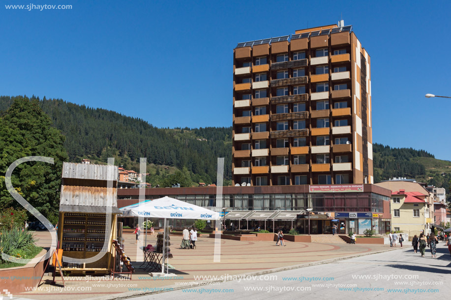 CHEPELARE, BULGARIA - AUGUST 14, 2018: Summer view of Center of the famous Bulgarian ski resort Chepelare, Smolyan Region, Bulgaria