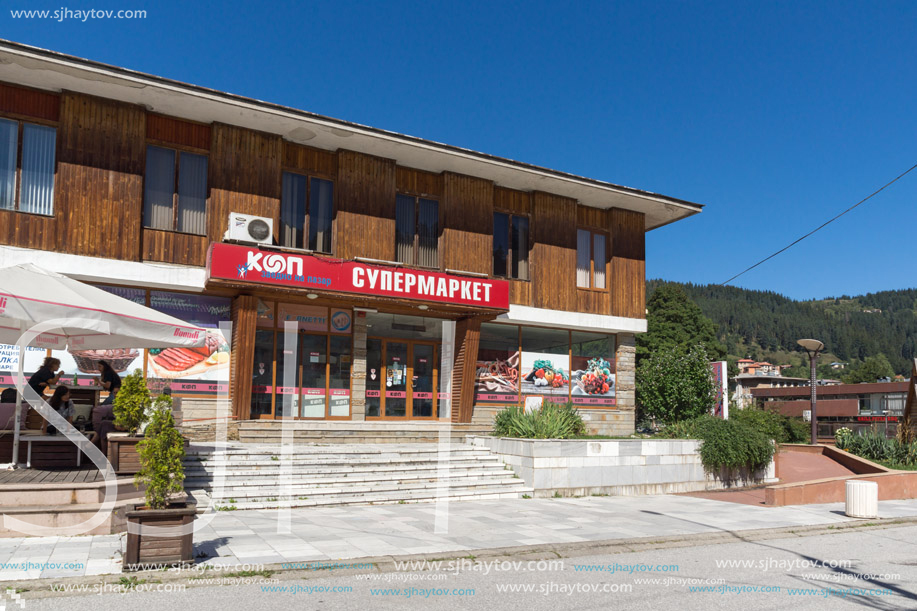 CHEPELARE, BULGARIA - AUGUST 14, 2018: Summer view of Center of the famous Bulgarian ski resort Chepelare, Smolyan Region, Bulgaria