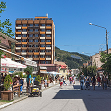 CHEPELARE, BULGARIA - AUGUST 14, 2018: Summer view of Center of the famous Bulgarian ski resort Chepelare, Smolyan Region, Bulgaria