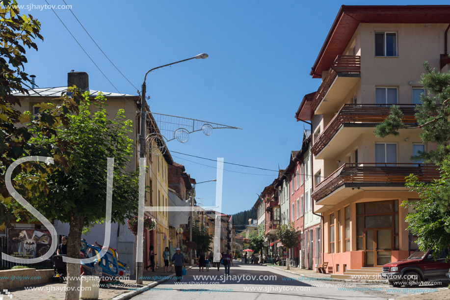 CHEPELARE, BULGARIA - AUGUST 14, 2018: Summer view of Center of the famous Bulgarian ski resort Chepelare, Smolyan Region, Bulgaria