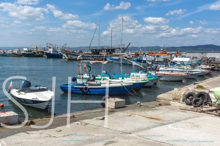 NESSEBAR, BULGARIA - AUGUST 12, 2018: Panorama with fishing boat at The Port of Nessebar, Burgas Region, Bulgaria