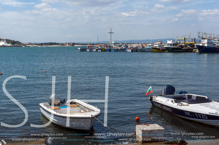 NESSEBAR, BULGARIA - AUGUST 12, 2018: Panorama with fishing boat at The Port of Nessebar, Burgas Region, Bulgaria