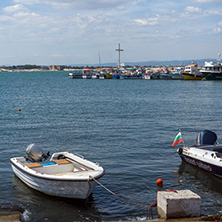 NESSEBAR, BULGARIA - AUGUST 12, 2018: Panorama with fishing boat at The Port of Nessebar, Burgas Region, Bulgaria