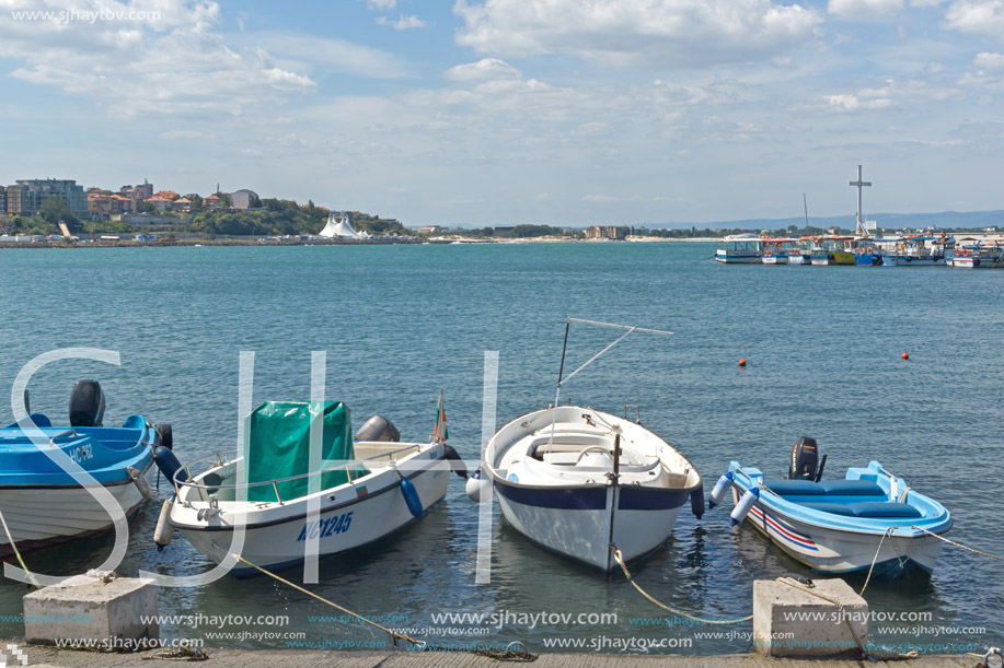 NESSEBAR, BULGARIA - AUGUST 12, 2018: Panorama with fishing boat at The Port of Nessebar, Burgas Region, Bulgaria