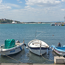 NESSEBAR, BULGARIA - AUGUST 12, 2018: Panorama with fishing boat at The Port of Nessebar, Burgas Region, Bulgaria