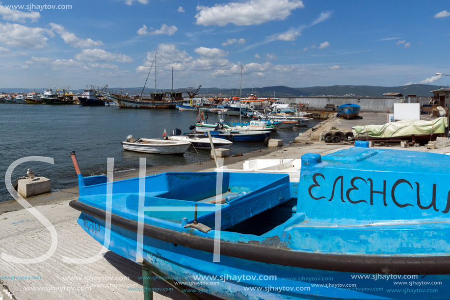 NESSEBAR, BULGARIA - AUGUST 12, 2018: Panorama with fishing boat at The Port of Nessebar, Burgas Region, Bulgaria