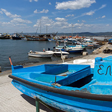 NESSEBAR, BULGARIA - AUGUST 12, 2018: Panorama with fishing boat at The Port of Nessebar, Burgas Region, Bulgaria