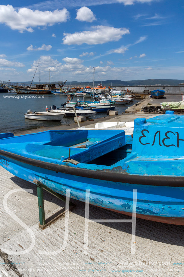 NESSEBAR, BULGARIA - AUGUST 12, 2018: Panorama with fishing boat at The Port of Nessebar, Burgas Region, Bulgaria