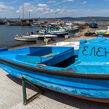 NESSEBAR, BULGARIA - AUGUST 12, 2018: Panorama with fishing boat at The Port of Nessebar, Burgas Region, Bulgaria