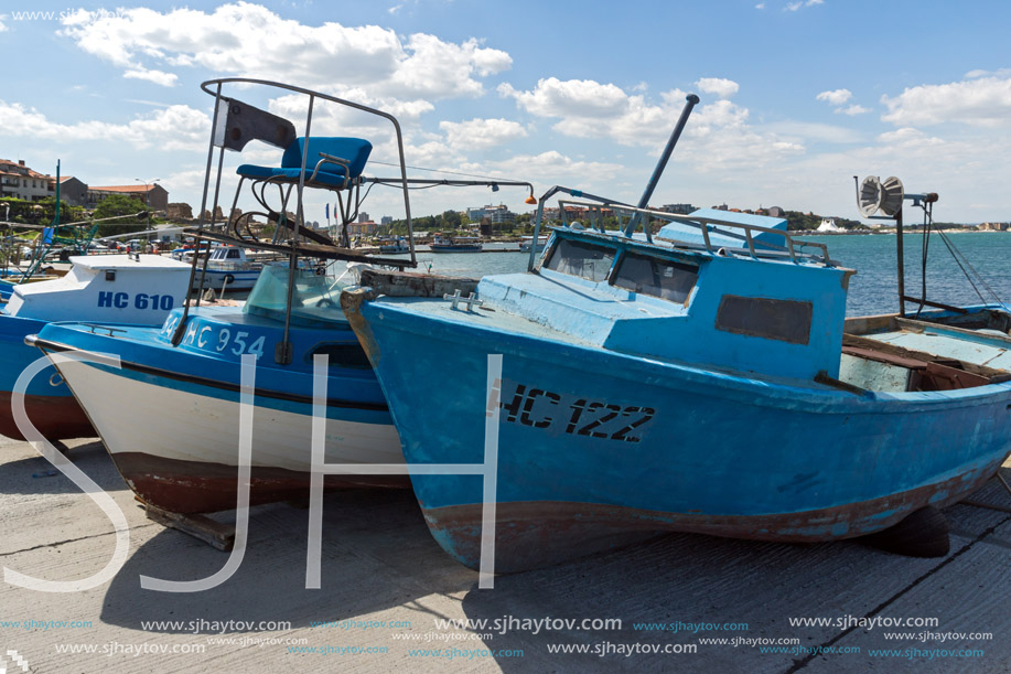 NESSEBAR, BULGARIA - AUGUST 12, 2018: Panorama with fishing boat at The Port of Nessebar, Burgas Region, Bulgaria