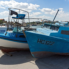 NESSEBAR, BULGARIA - AUGUST 12, 2018: Panorama with fishing boat at The Port of Nessebar, Burgas Region, Bulgaria