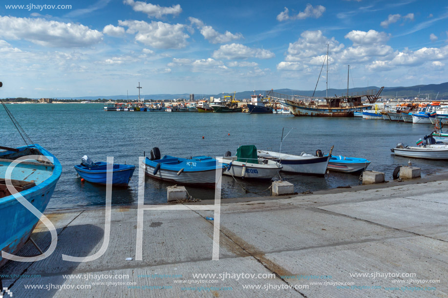 NESSEBAR, BULGARIA - AUGUST 12, 2018: Panorama with fishing boat at The Port of Nessebar, Burgas Region, Bulgaria