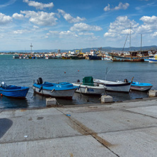 NESSEBAR, BULGARIA - AUGUST 12, 2018: Panorama with fishing boat at The Port of Nessebar, Burgas Region, Bulgaria