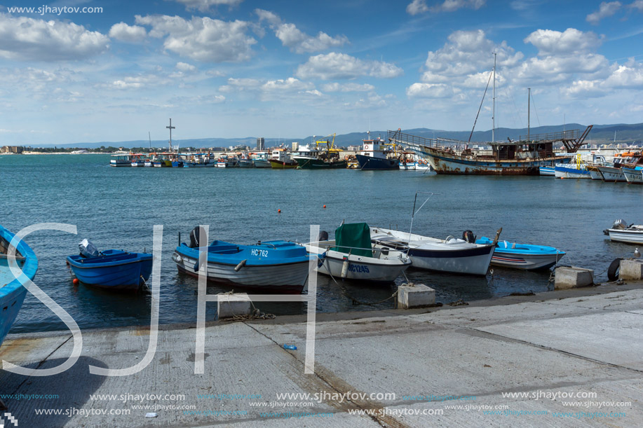 NESSEBAR, BULGARIA - AUGUST 12, 2018: Panorama with fishing boat at The Port of Nessebar, Burgas Region, Bulgaria