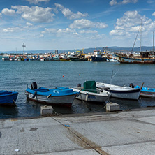 NESSEBAR, BULGARIA - AUGUST 12, 2018: Panorama with fishing boat at The Port of Nessebar, Burgas Region, Bulgaria