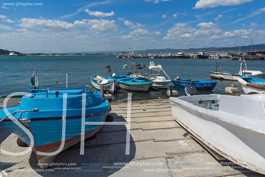 NESSEBAR, BULGARIA - AUGUST 12, 2018: Panorama with fishing boat at The Port of Nessebar, Burgas Region, Bulgaria