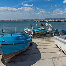 NESSEBAR, BULGARIA - AUGUST 12, 2018: Panorama with fishing boat at The Port of Nessebar, Burgas Region, Bulgaria