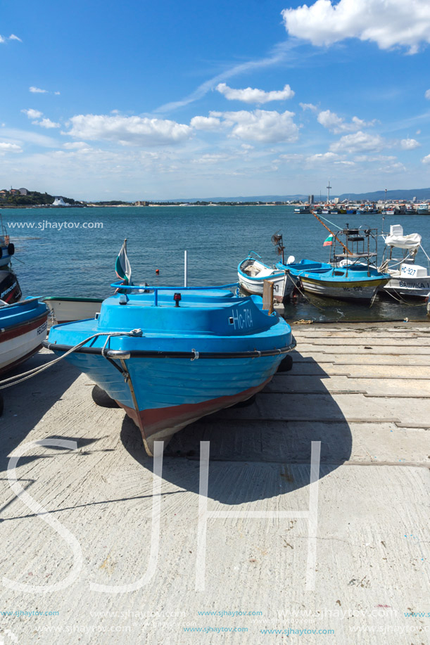 NESSEBAR, BULGARIA - AUGUST 12, 2018: Panorama with fishing boat at The Port of Nessebar, Burgas Region, Bulgaria