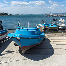 NESSEBAR, BULGARIA - AUGUST 12, 2018: Panorama with fishing boat at The Port of Nessebar, Burgas Region, Bulgaria