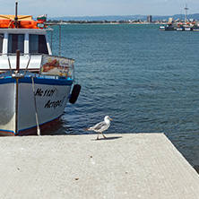 NESSEBAR, BULGARIA - AUGUST 12, 2018: Panorama with fishing boat at The Port of Nessebar, Burgas Region, Bulgaria