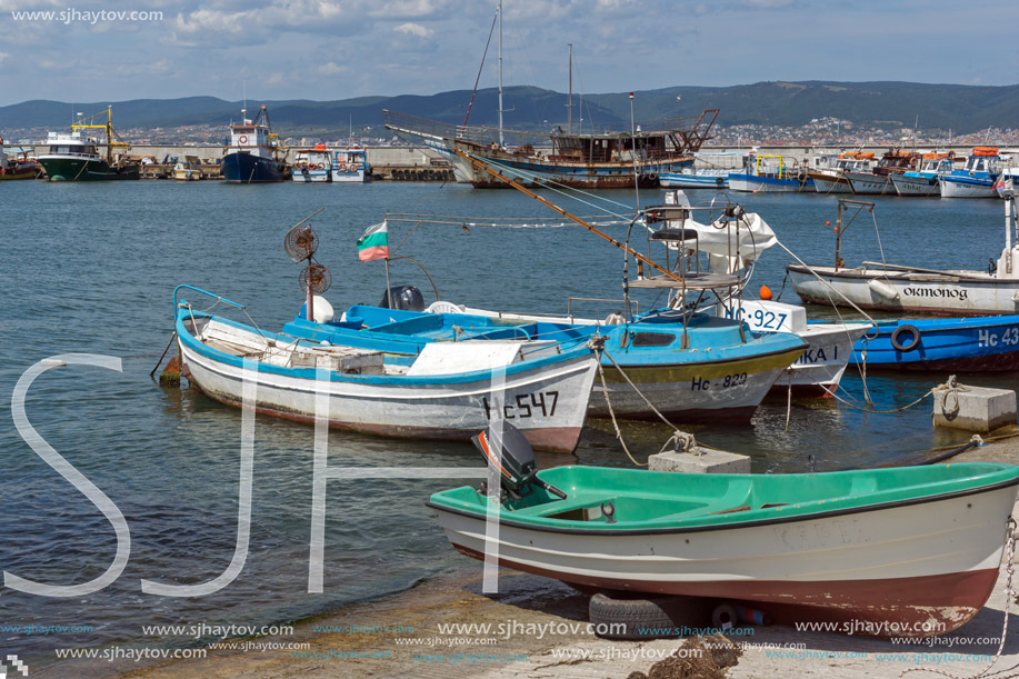 NESSEBAR, BULGARIA - AUGUST 12, 2018: Panorama with fishing boat at The Port of Nessebar, Burgas Region, Bulgaria